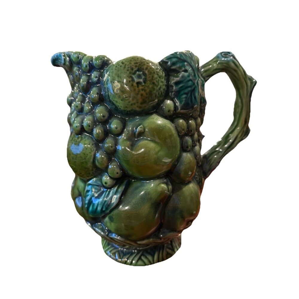 Inarco Retro Boho Green Pitcher, Vtg 6.5” Tall Good Condition 1970’s Fruit Motif